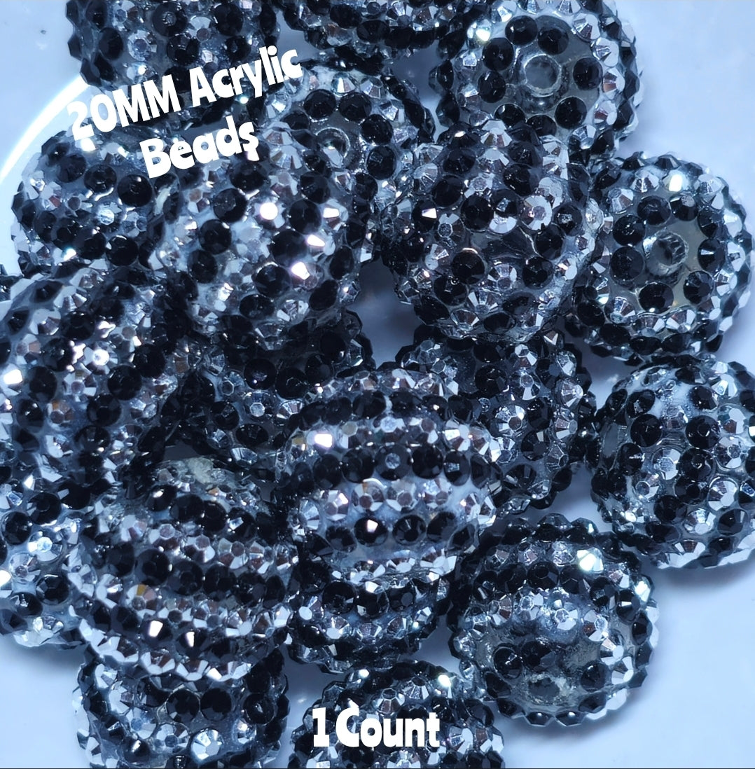 1 Count 20MM DIY Fancy Striped Black Silver Acrylic Beads Craft Supplies