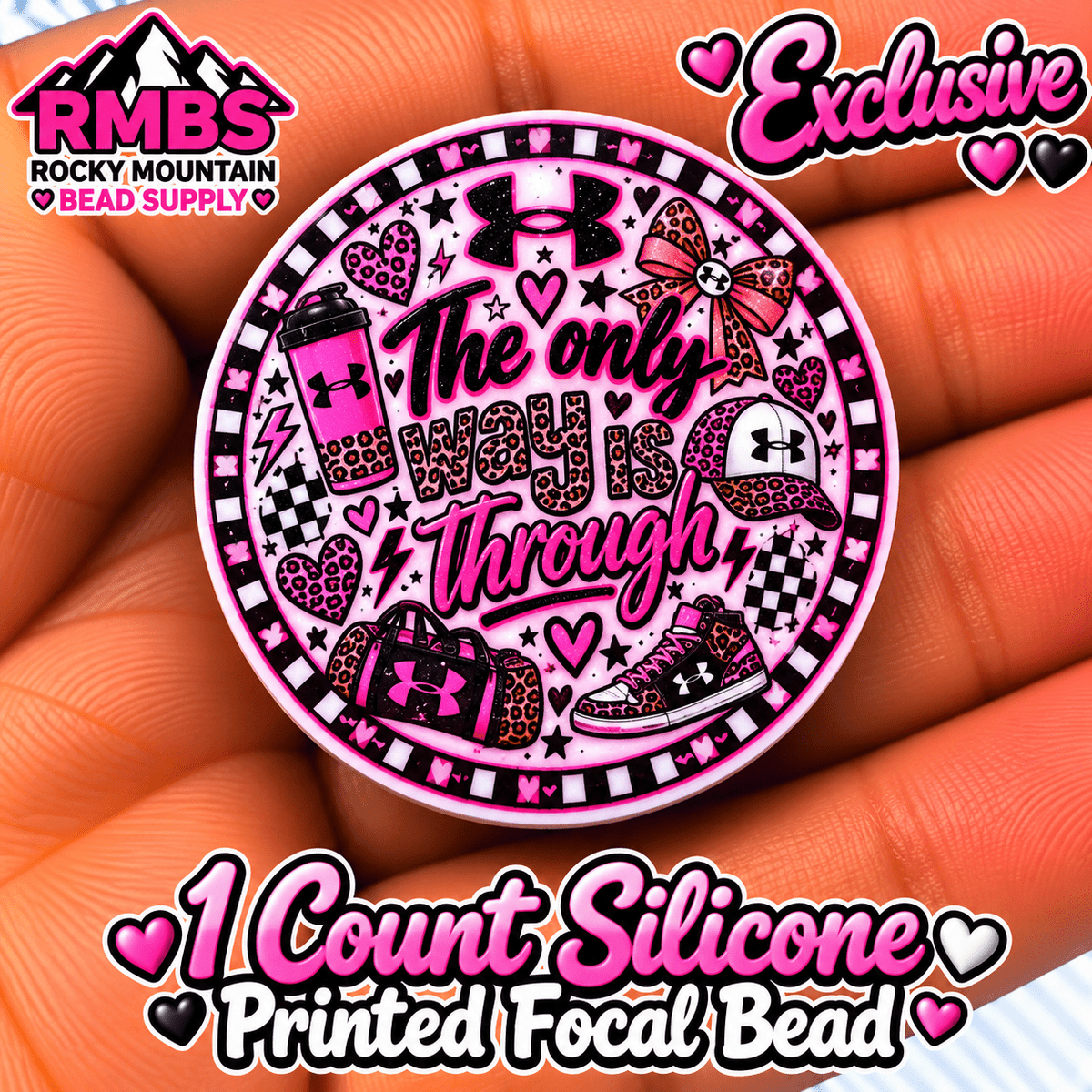 Exclusive 1 count PRINTED Silicone Focal Bead UNDER ARMOUR PINK