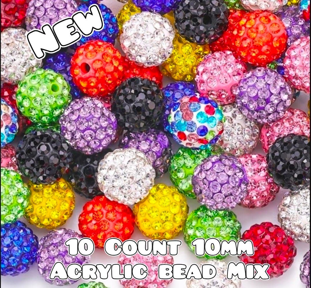 New 10 Count Acrylic 10mm Beads Multi Color Mix Fancy Rhinestone Crystal Clay Beads