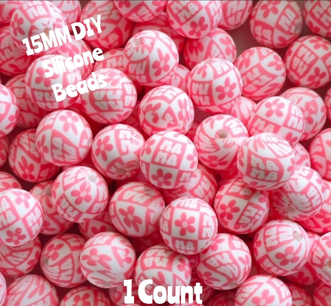 New 1 Count DIY Silicone Beads 15mm printed Pink Mama Beads Beadable Accessories