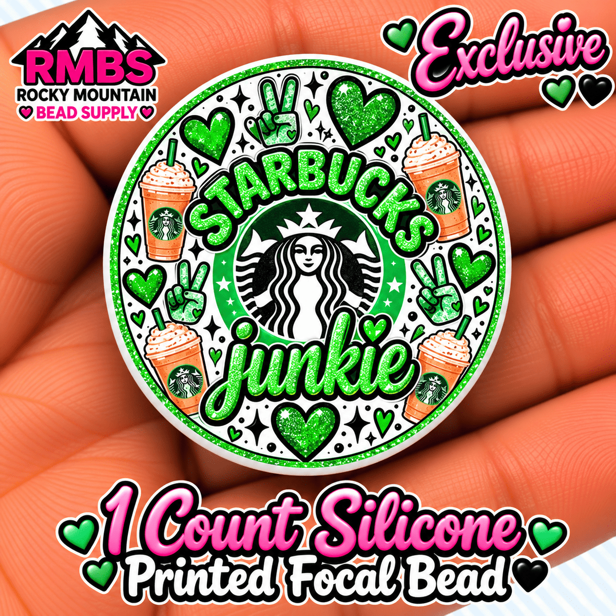 Exclusive 1 count PRINTED Silicone Focal Bead STARBUCKS JUNKIE