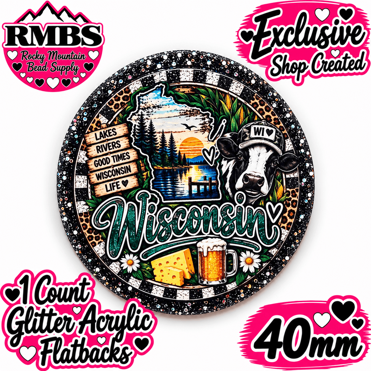 Exclusive 1 Count Custom Exclusive Glitter Acrylic Flatback 40mm STATE WISCONSIN