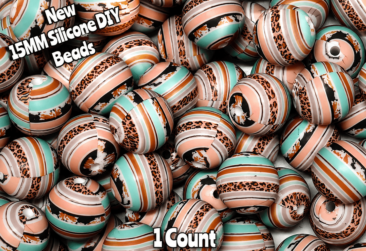 New 1 Count DIY Silicone Beads 15mm printed country cheetah swirl blues beadable accessories