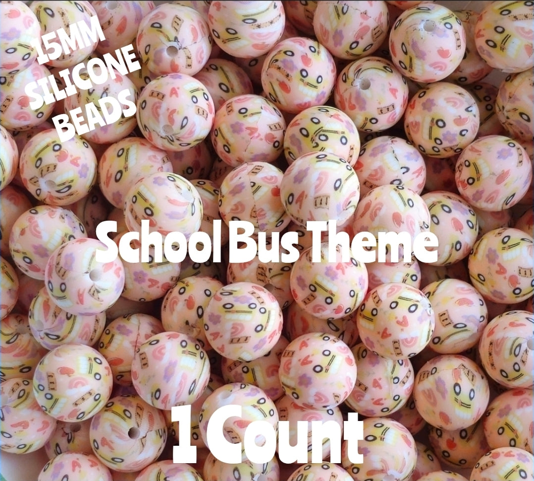 New 1 Count 15mm printed School Bus silicone bead