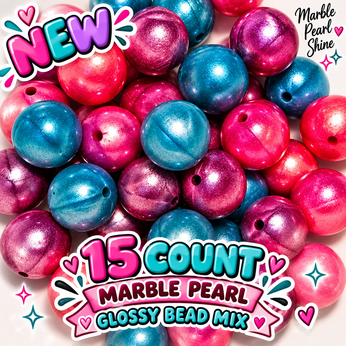 New 15 Count Silicone Marbel Pearl Glossy Beads- Pink- Purple- Blue