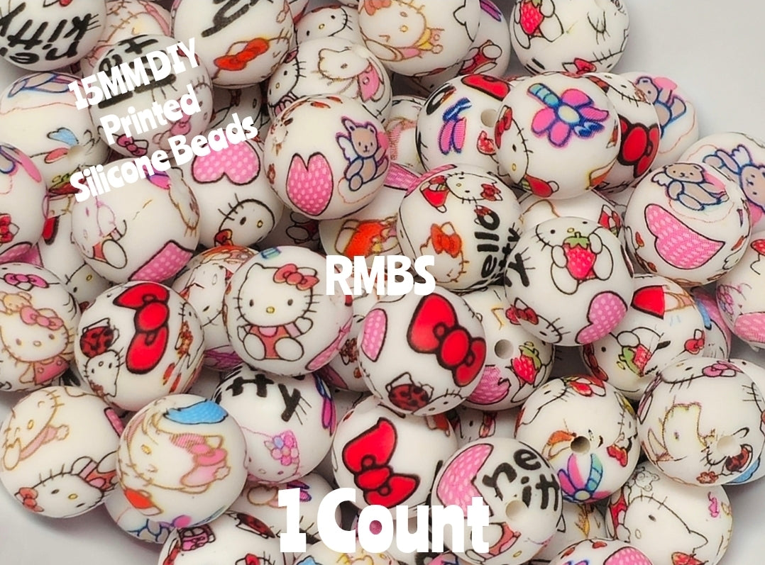 New 1 Count 15mm Printed Beads Character Hello Kitty Beads Craft Supplies