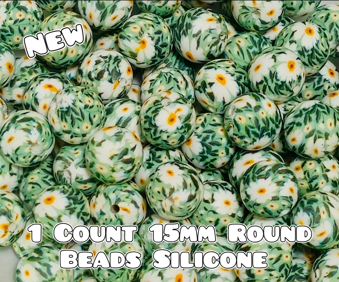 New 1 Count 15mm printed silicone beads MINT FLORAL