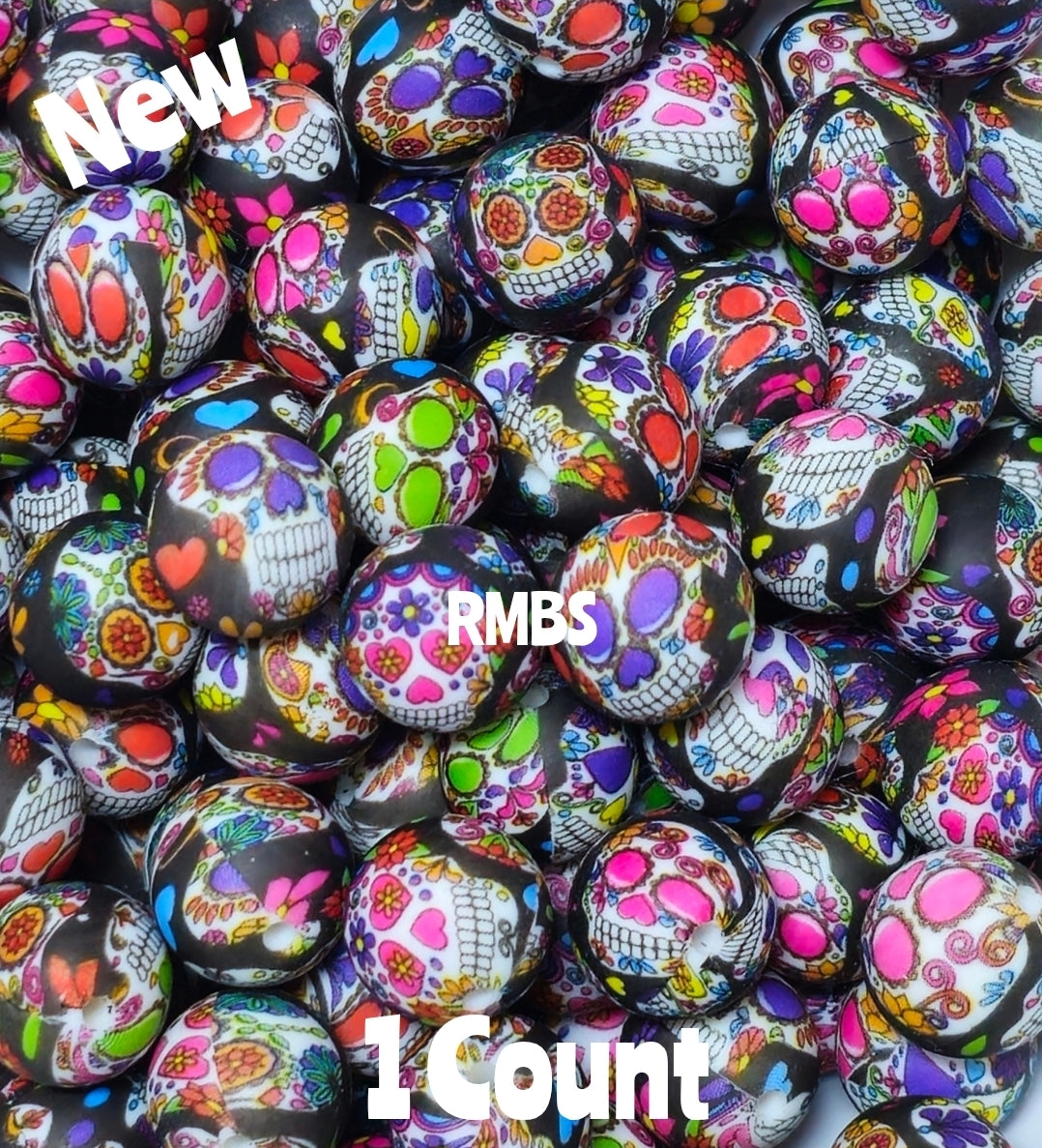 New 1 Count 15mm Printed Beads Halloween Sugar Skulls Beads Craft Supplies