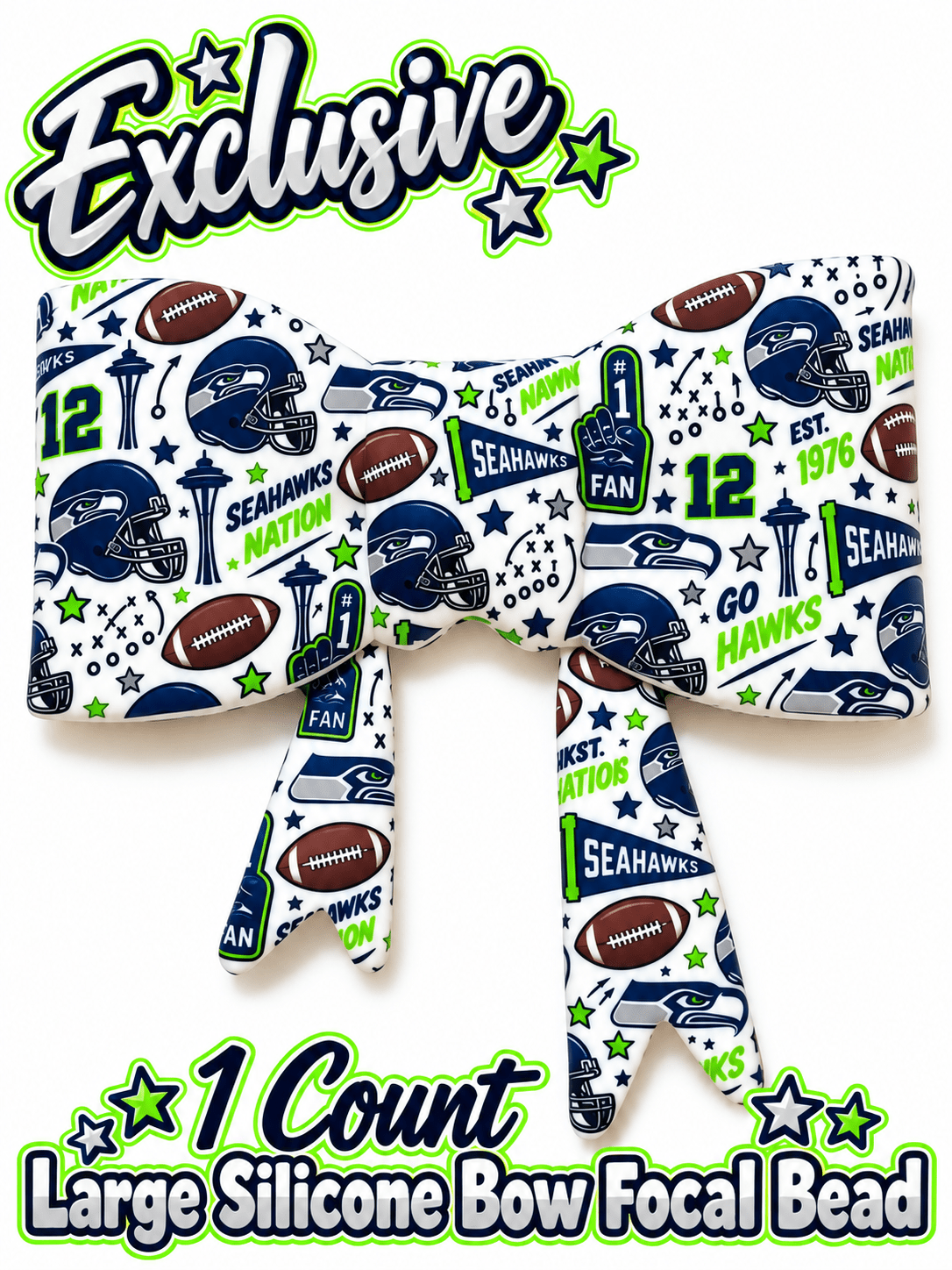 New Shop Exclusive 1 Count Large Silicone Bow FOOTBALL SEAHAWKS