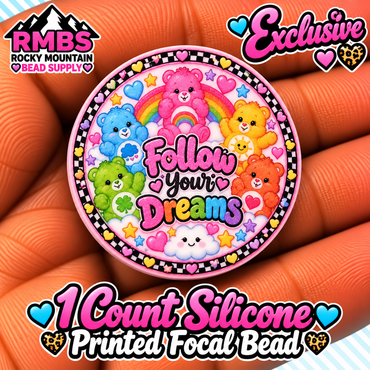 Exclusive 1 count PRINTED Silicone Focal Bead CARE BEARS FOLLOW YOURS DREAMS