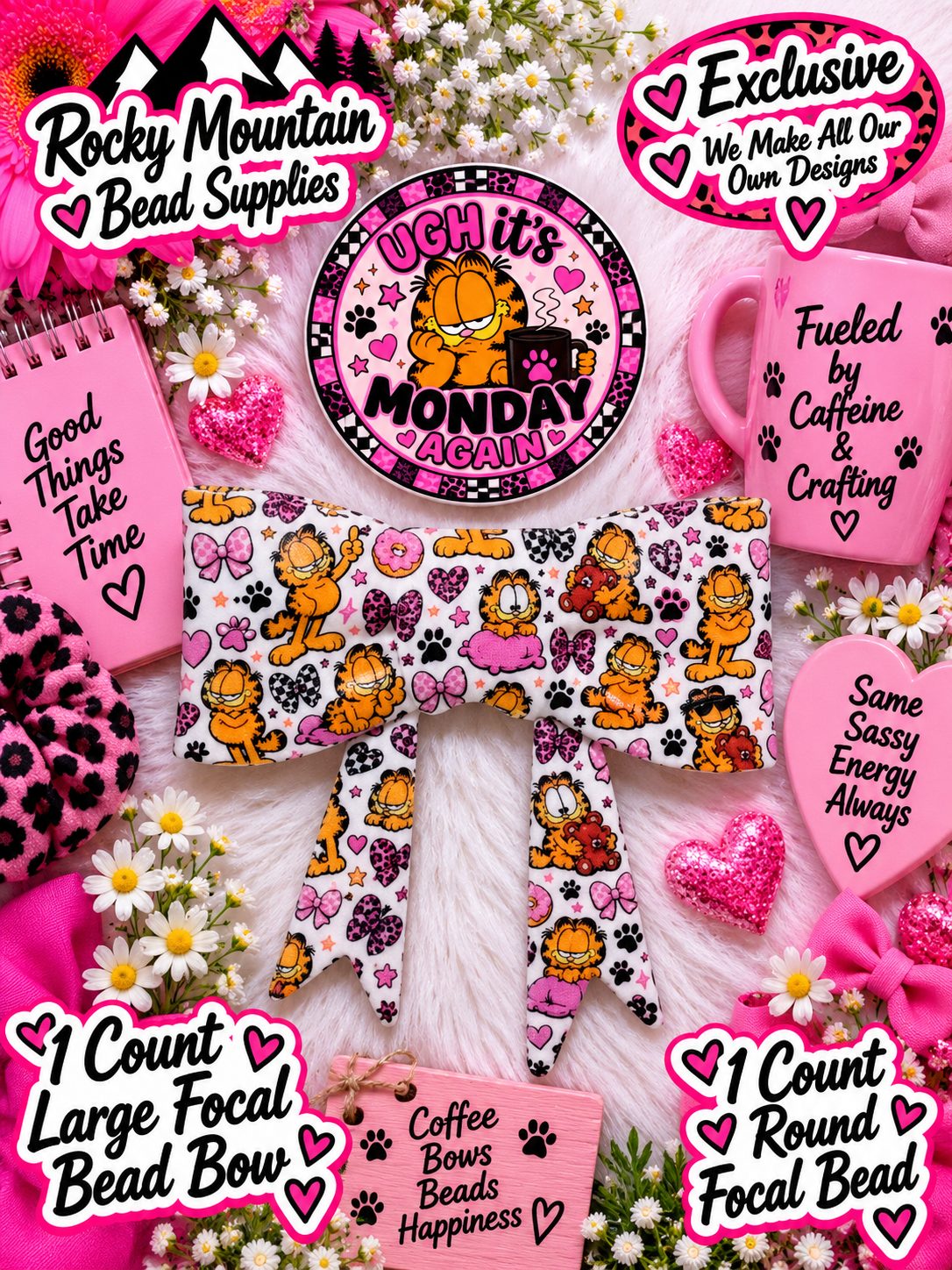 New Shop Exclusive 1 Count Large Silicone Bow 1 Count Focal Bead Round Garfield