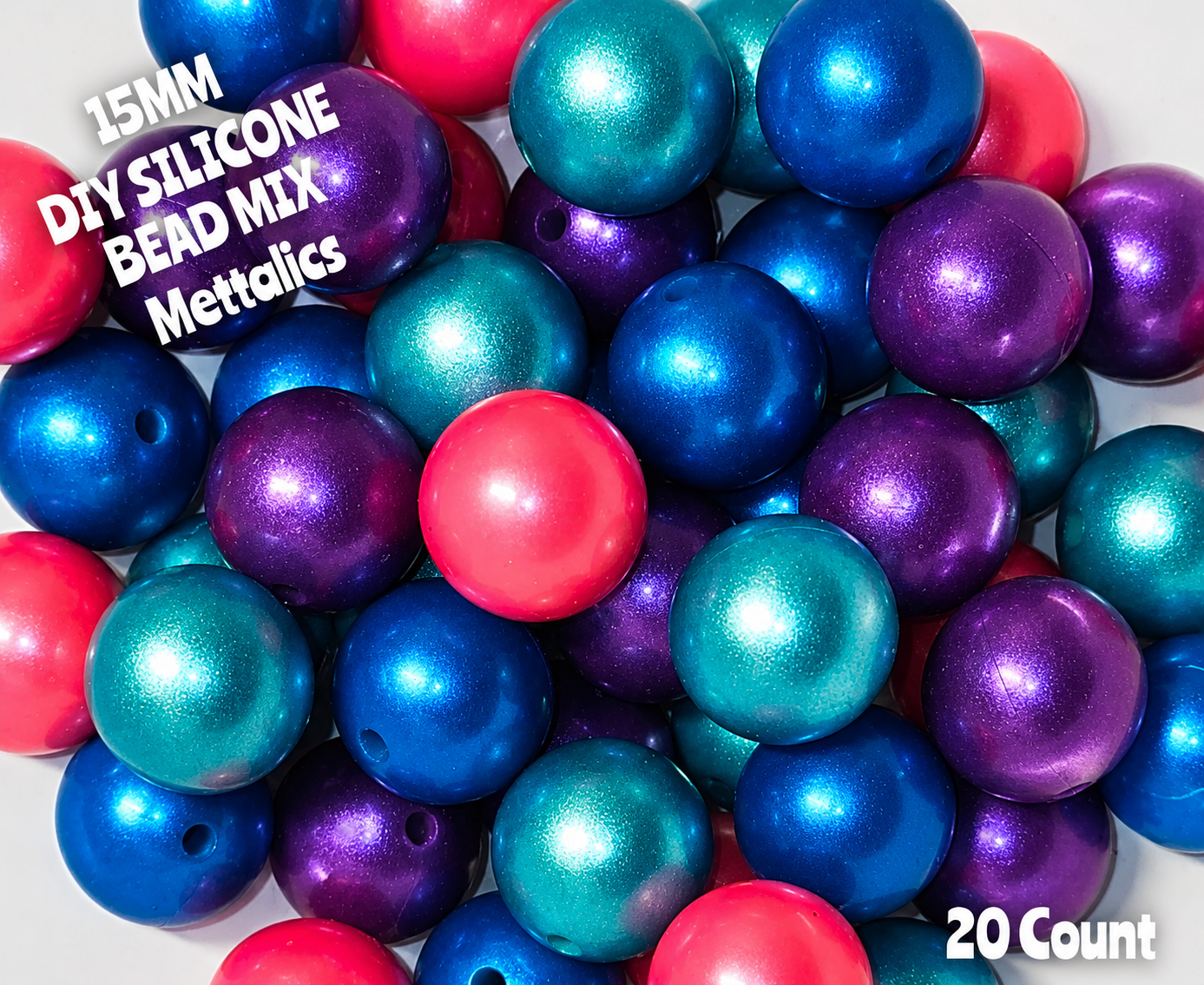 New 20 Count Solid Mettalic Shimmer 15mm Silicone Bead Mix