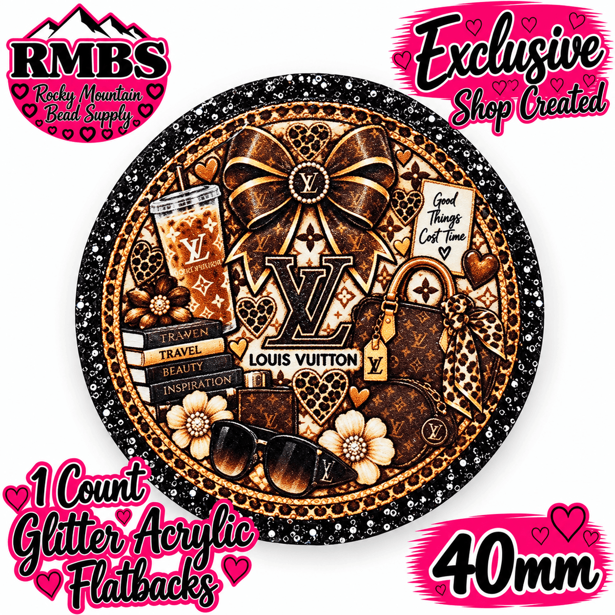 Exclusive 1 Count Custom Exclusive Glitter Acrylic Flatback 40mm LV BROWN