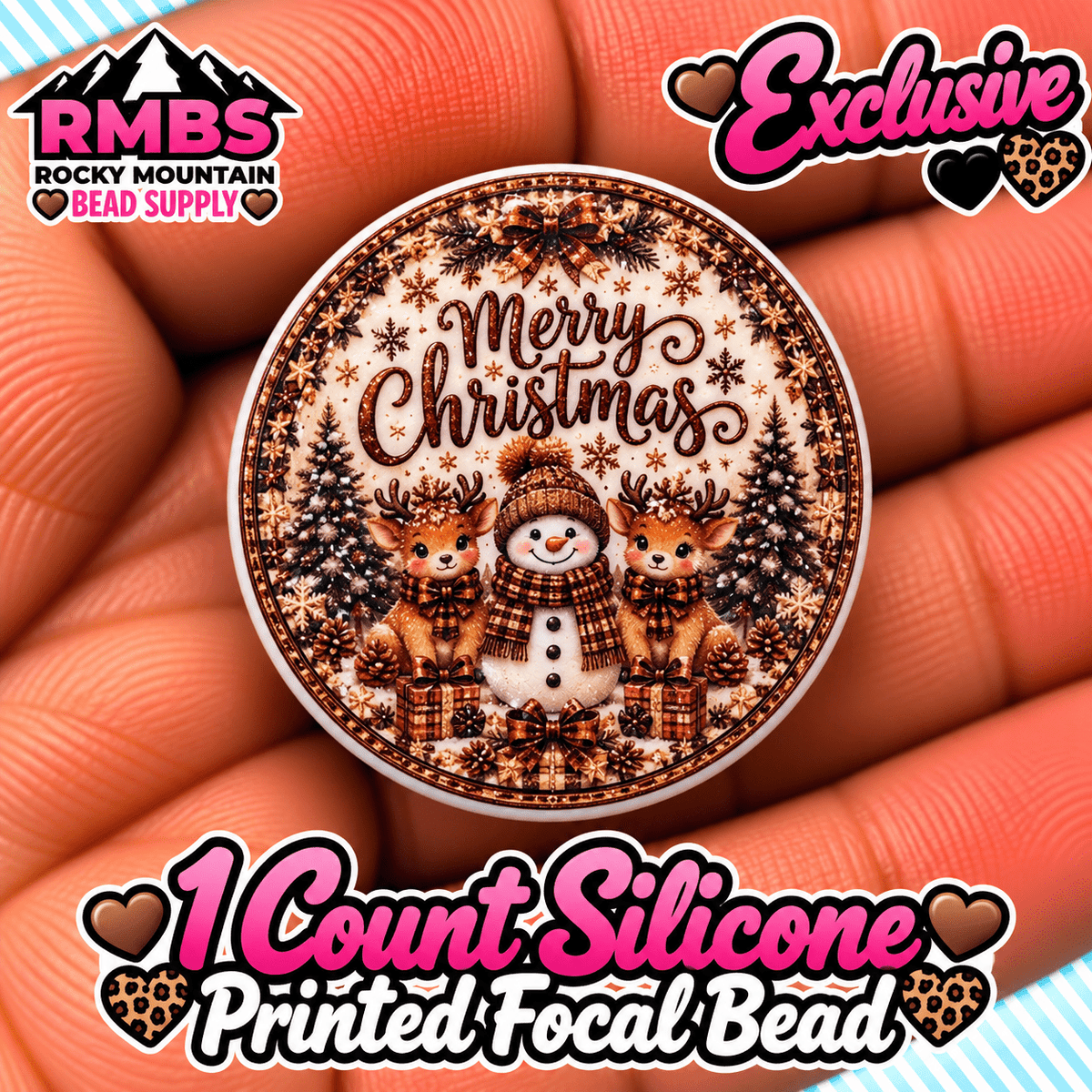 NEW Exclusive 1 count PRINTED Silicone Focal Bead Merry Christmas GOLDEN