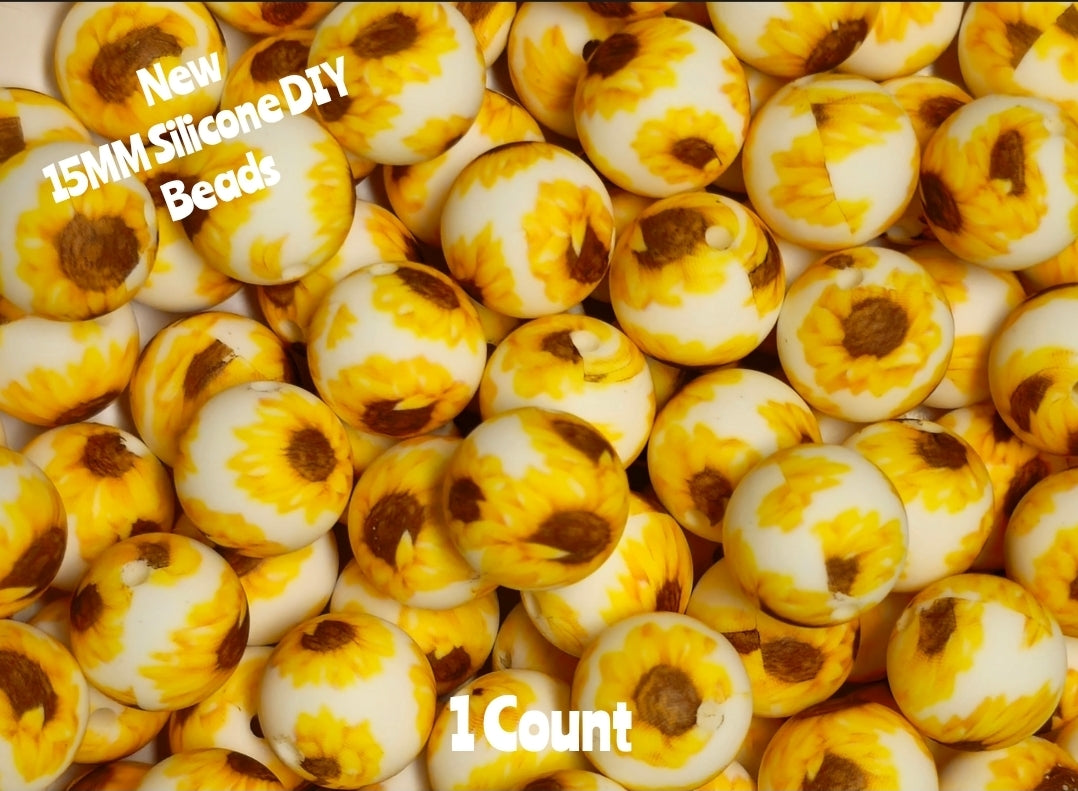 New 1 Count DIY Silicone Beads 15mm printed flowers floral sunflowers beadable accessories