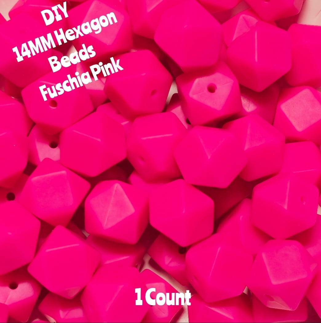 1 Count DIY Beads 14MM Solid Fuschia Pink Hexagon Beads