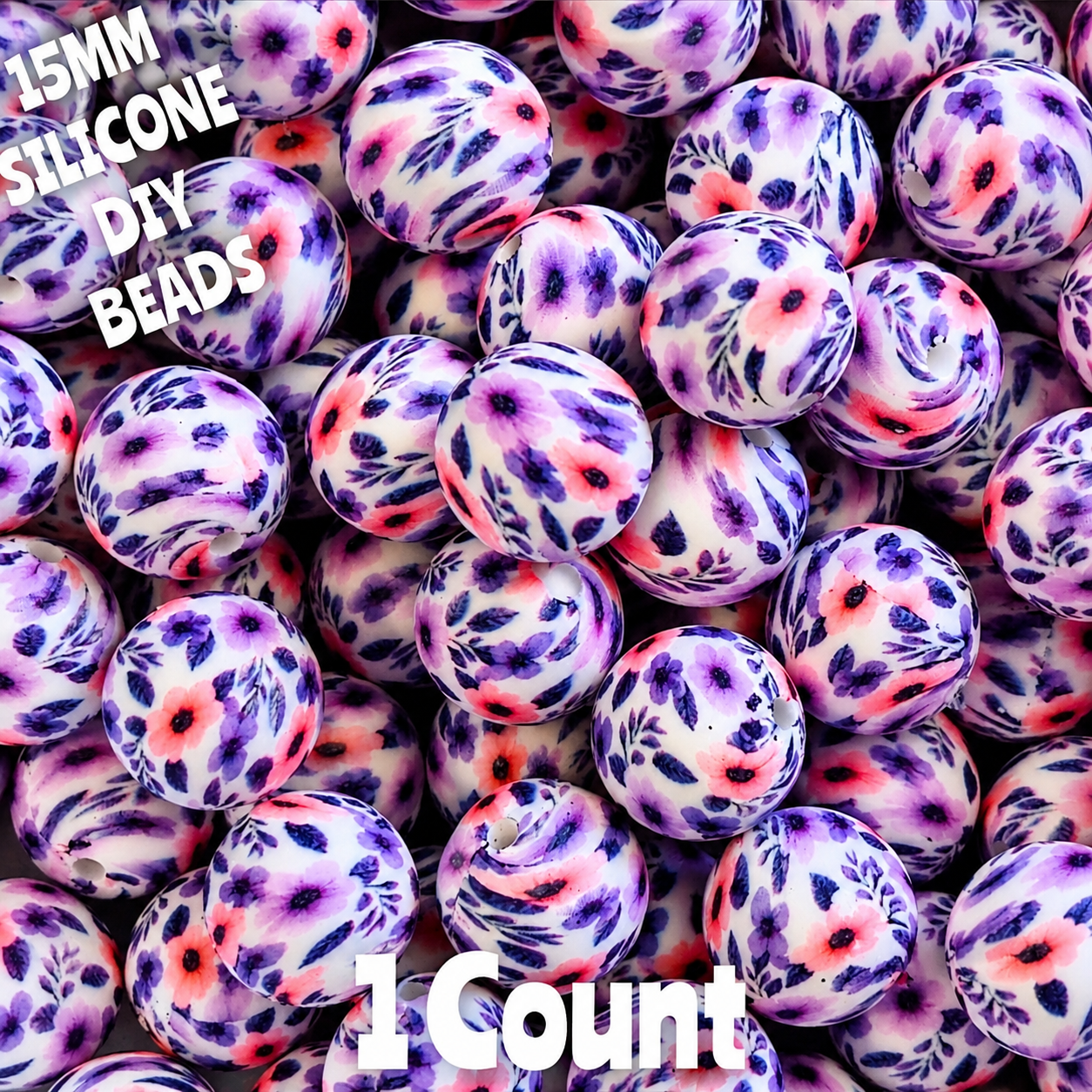 New 1 Count DIY Silicone Beads 15mm printed Pastel Flowers