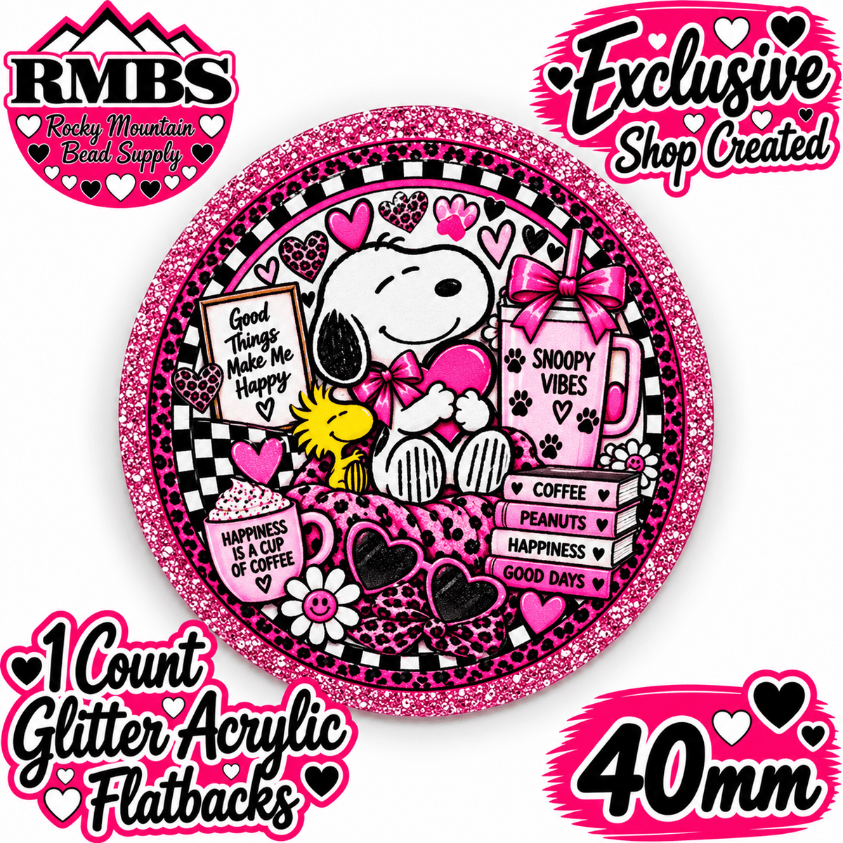 Exclusive 1 Count Custom Exclusive Glitter Acrylic Flatback 40mm SNOOPY