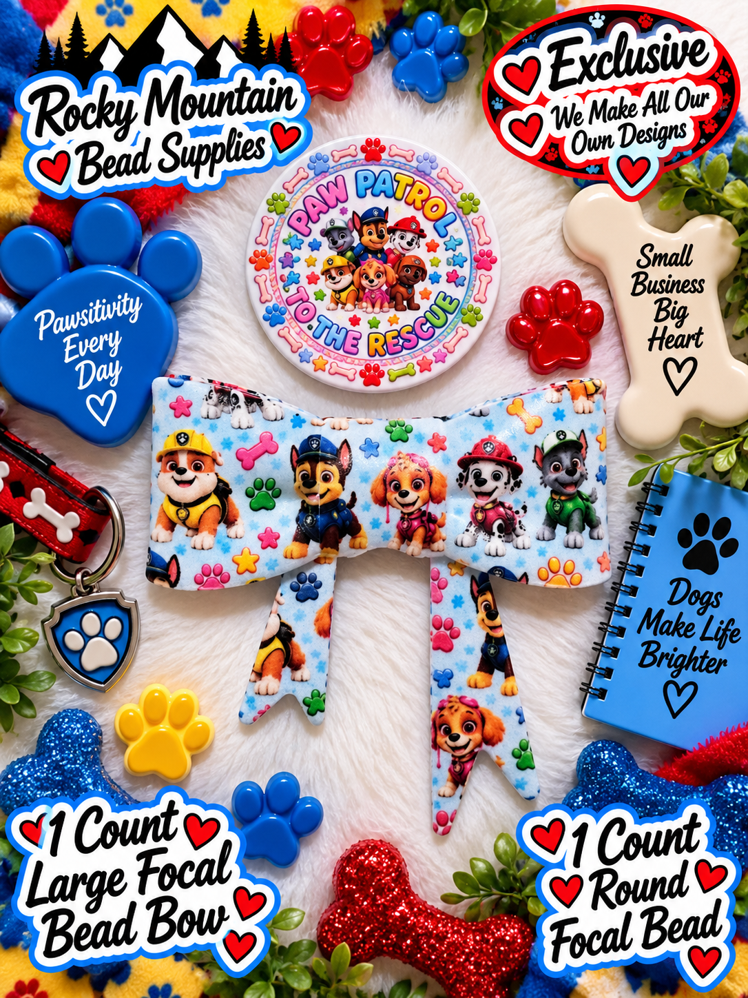New Shop Exclusive 1 Count Large Silicone Bow 1 Count Focal Bead Round Paw Patrol
