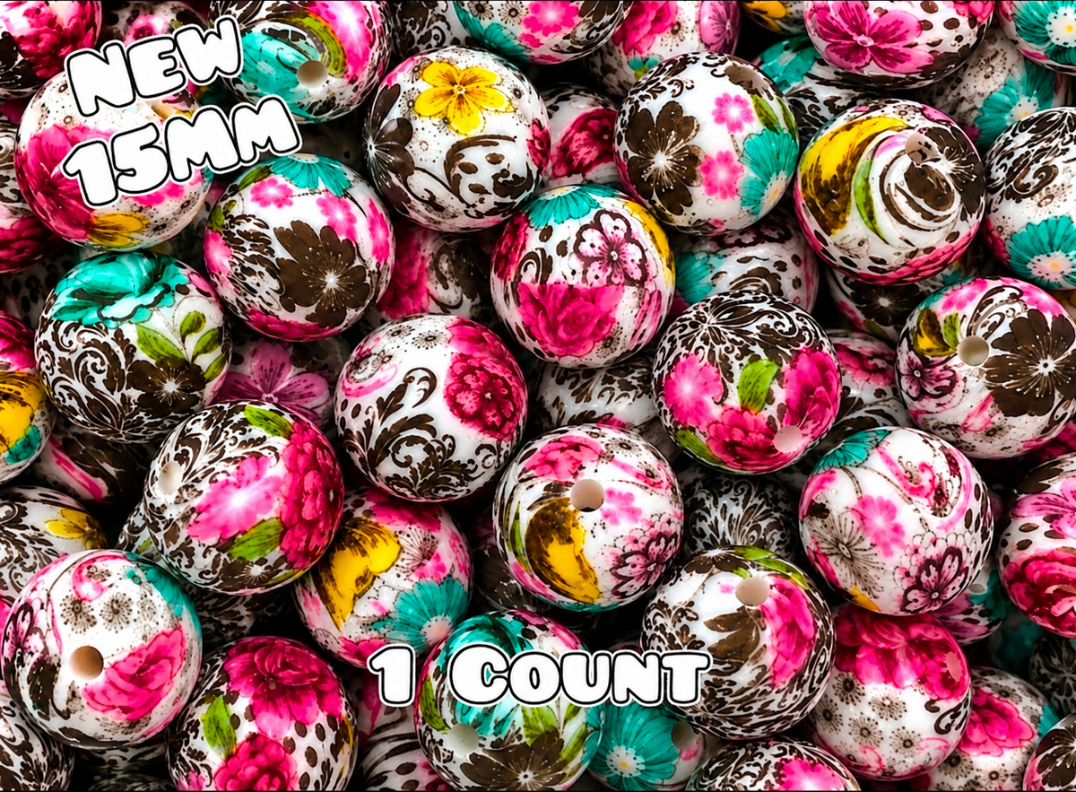 New 1 Count 15mm printed silicone beads Sassy Flowers