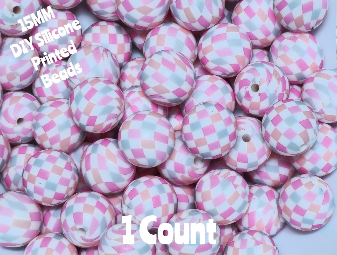 New 1 Count 15mm Printed Beads Pink Pastel Checkered DIY beads