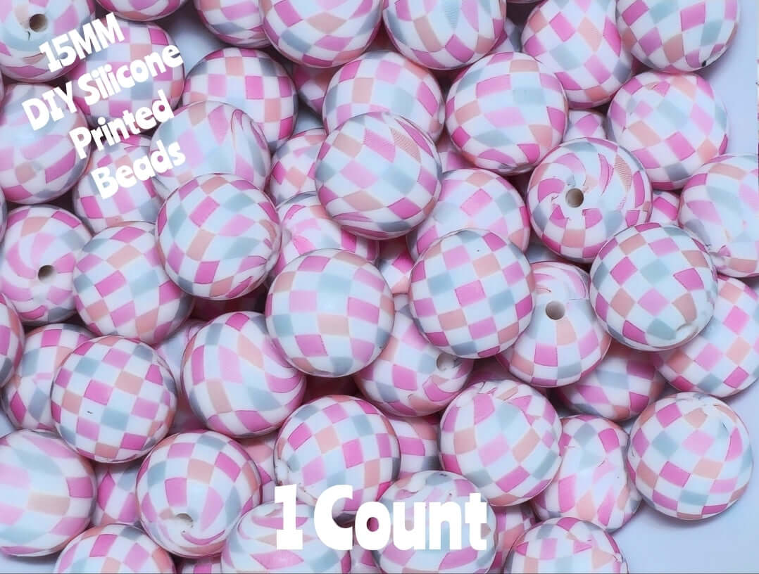 New 1 Count 15mm Printed Beads Pink Pastel Checkered DIY beads