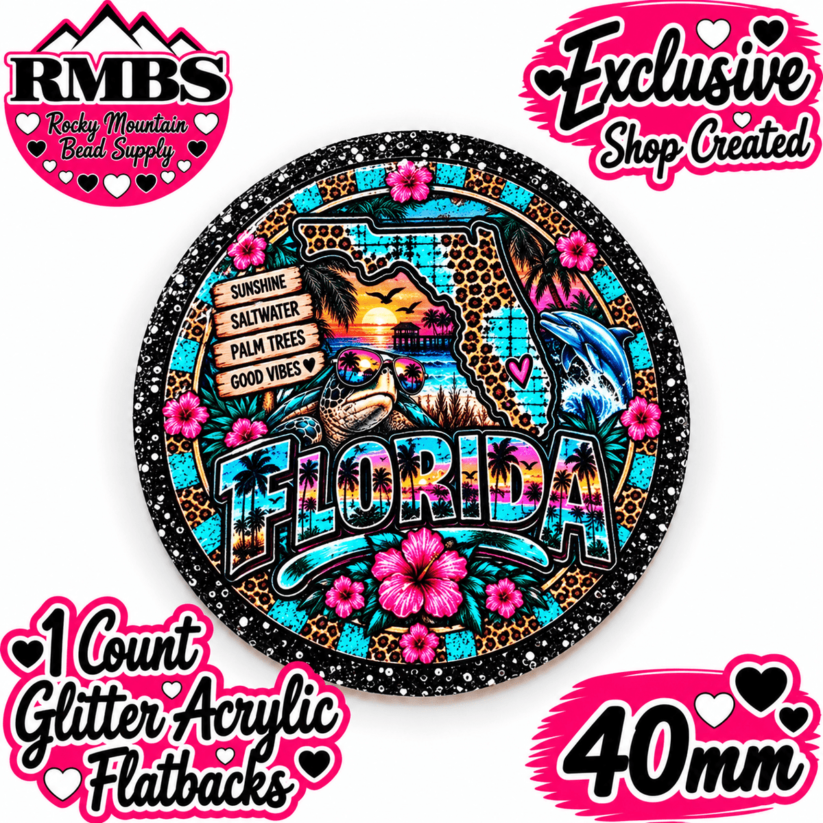 Exclusive 1 Count Custom Exclusive Glitter Acrylic Flatback 40mm STATE FLORIDA