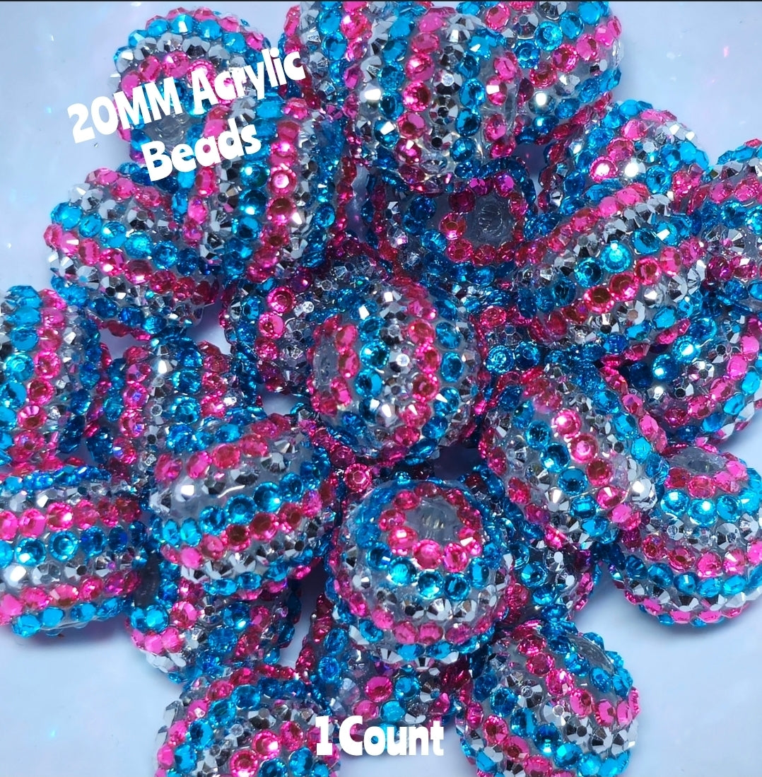 1 Count 20MM DIY Fancy Striped Aqua Pink Silver Acrylic Beads Craft Supplies