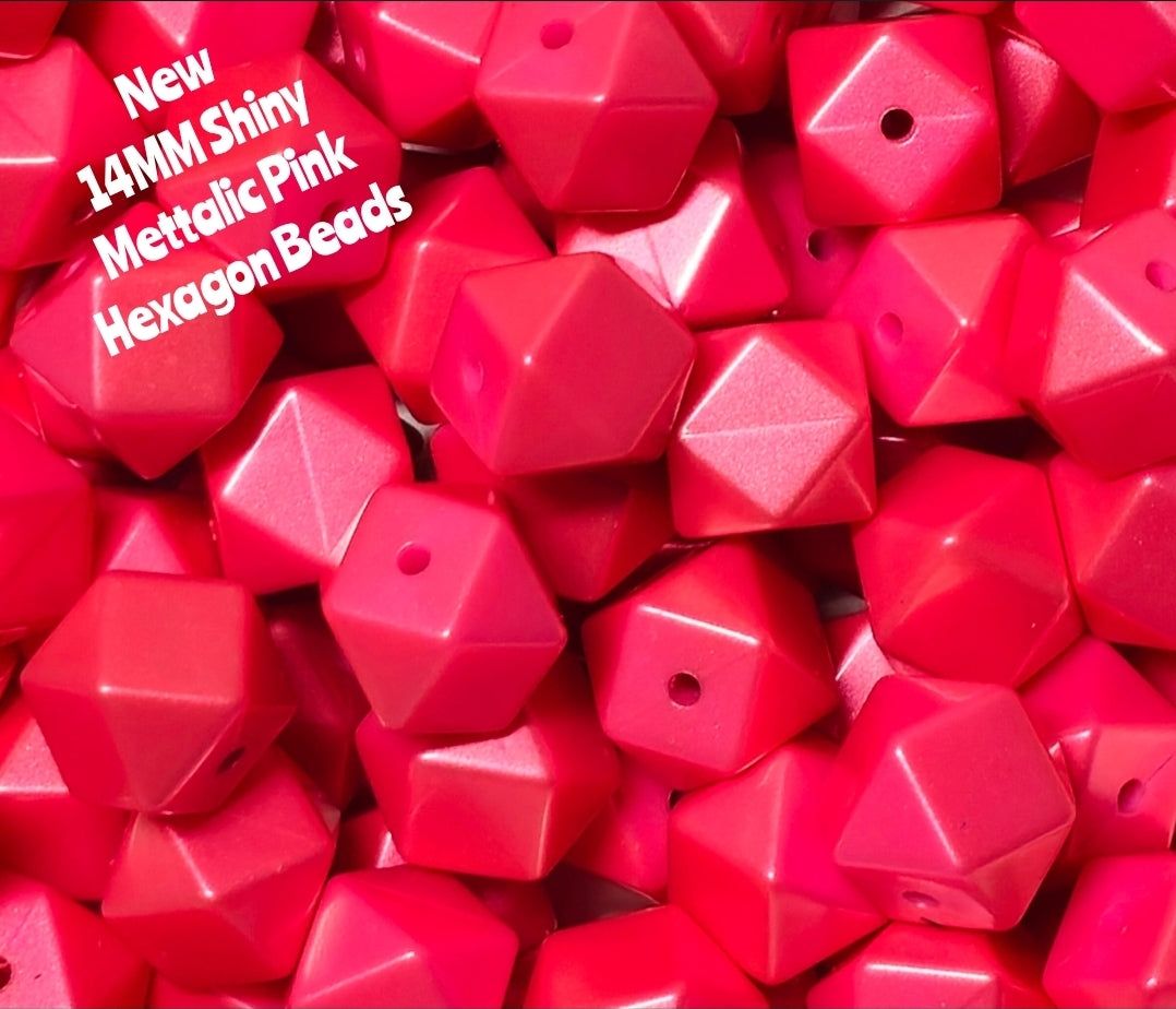 1 Count DIY Beads 14MM Mettalic PINK Hexagon