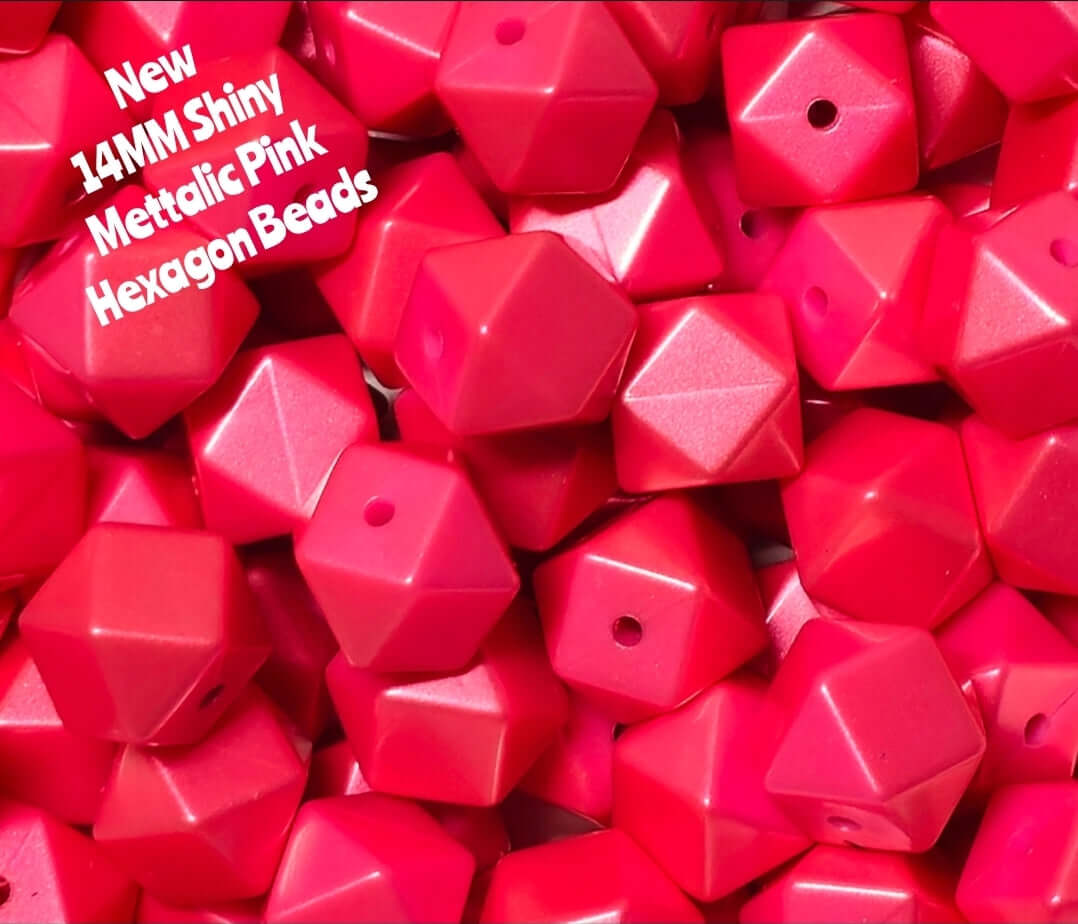 1 Count DIY Beads 14MM Mettalic PINK Hexagon