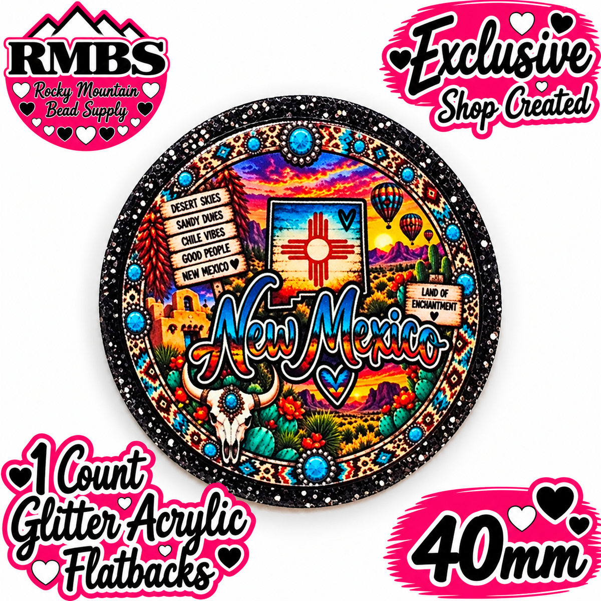 Exclusive 1 Count Custom Exclusive Glitter Acrylic Flatback 40mm STATE NEW MEXICO