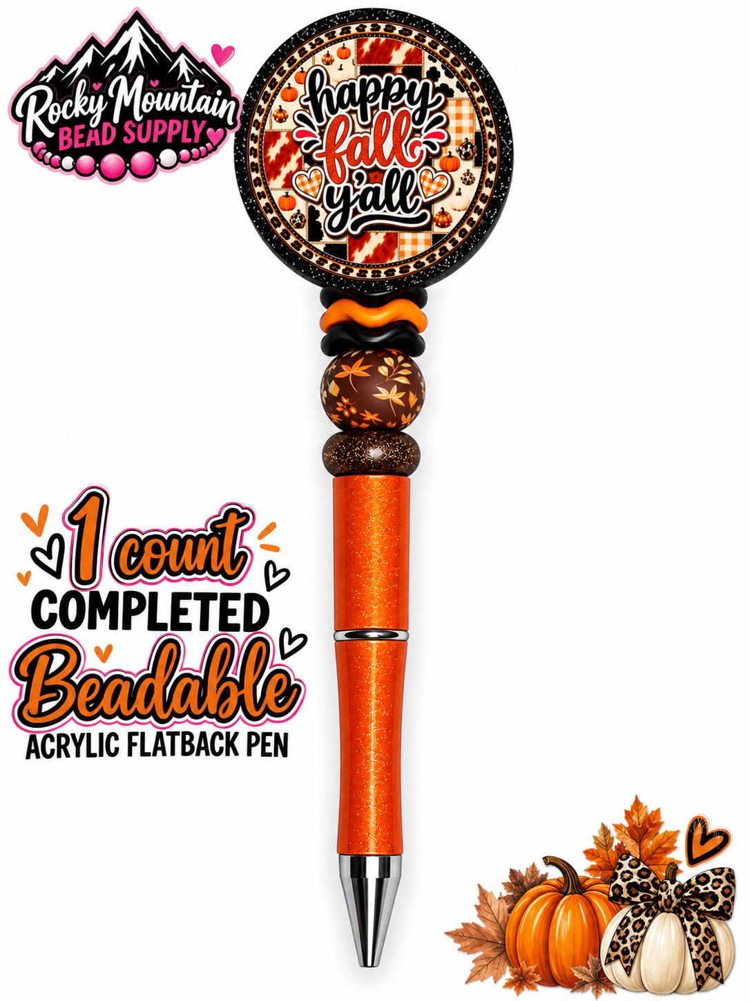 New 1 Count Completed Beadable Pen Exclusive Design Wholesale Acrylic Flatback Pen Happy Fall