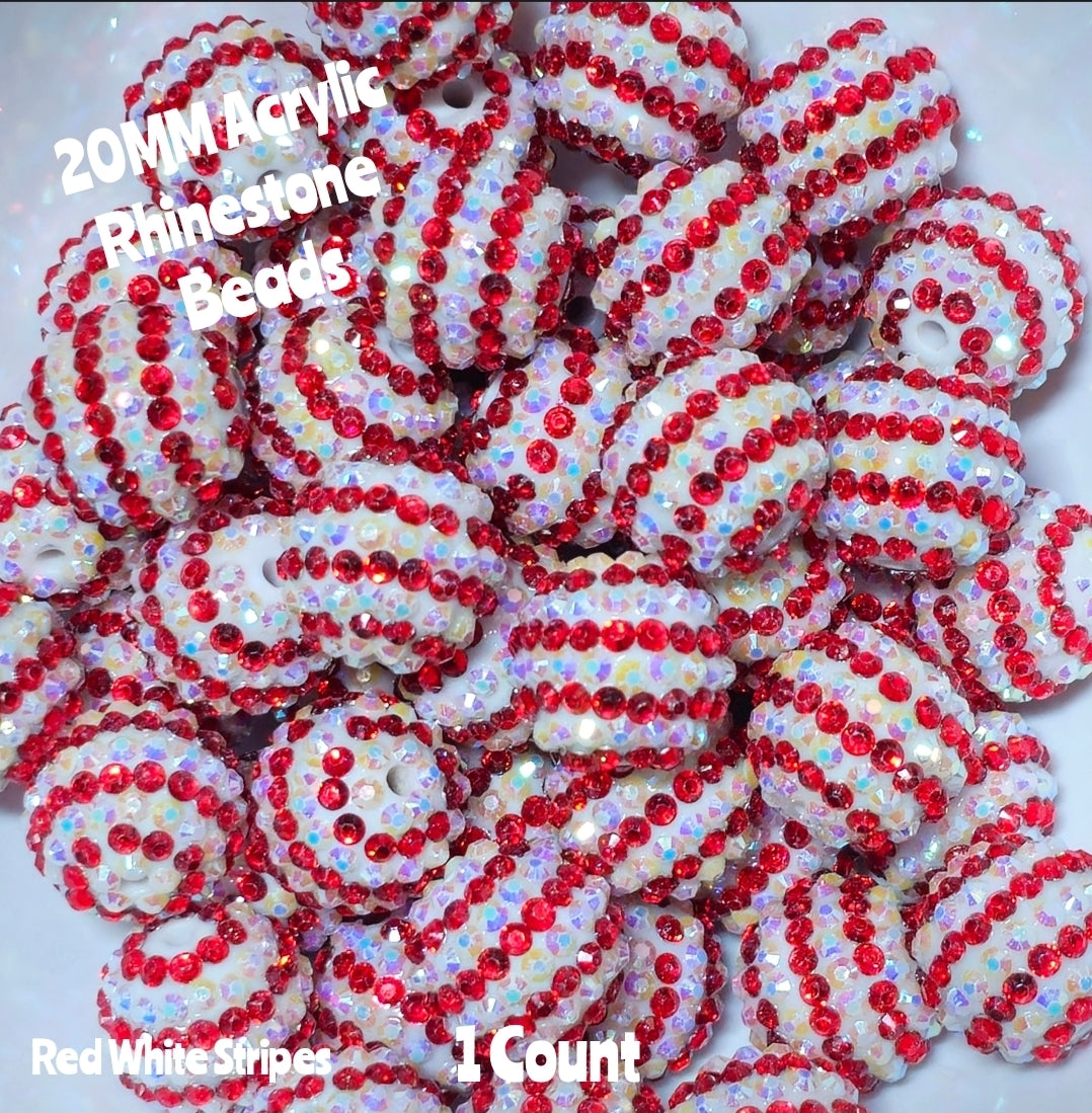 1 Count 20MM DIY Fancy Striped Red White Acrylic Beads Craft Supplies