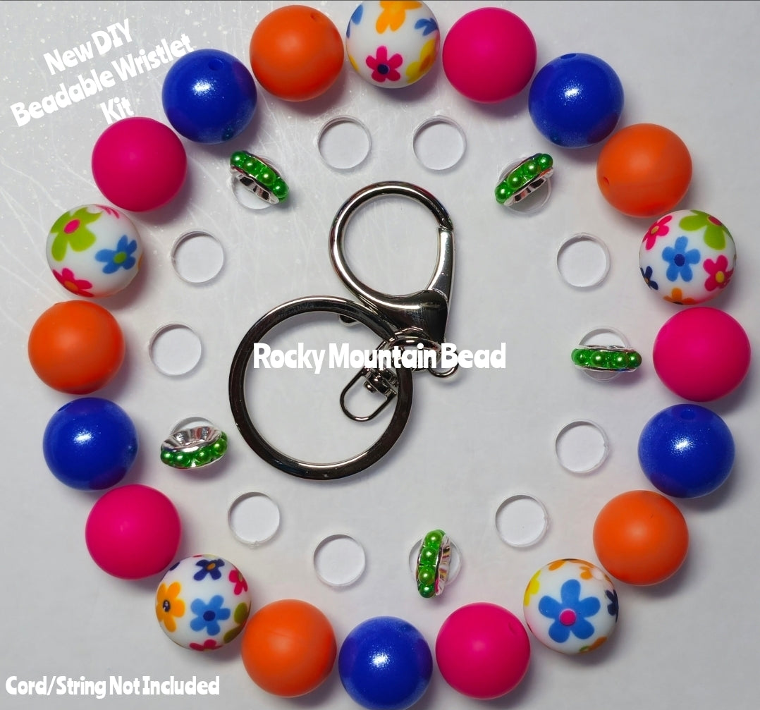 New 1 Count DIY Deluxe Beadable Wristlet Kit- Bright Multi Flowers Beads- Beadable Accessories