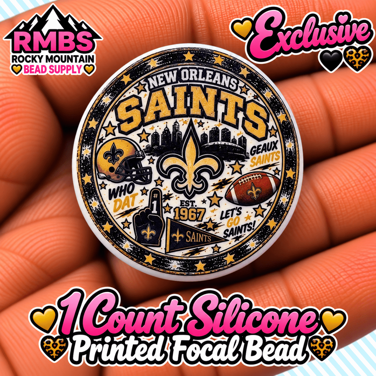 NEW Exclusive 1 count PRINTED Silicone Focal Bead FOOTBALL SAINTS
