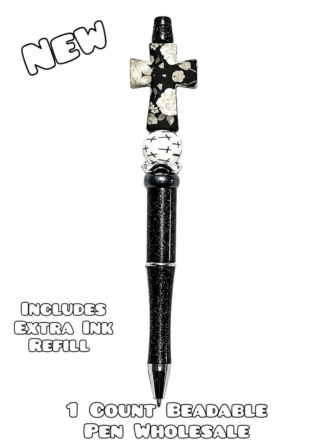 Wholesale Beadable Pens 1 Count Black Floral Cross Religious Style Completed Pen