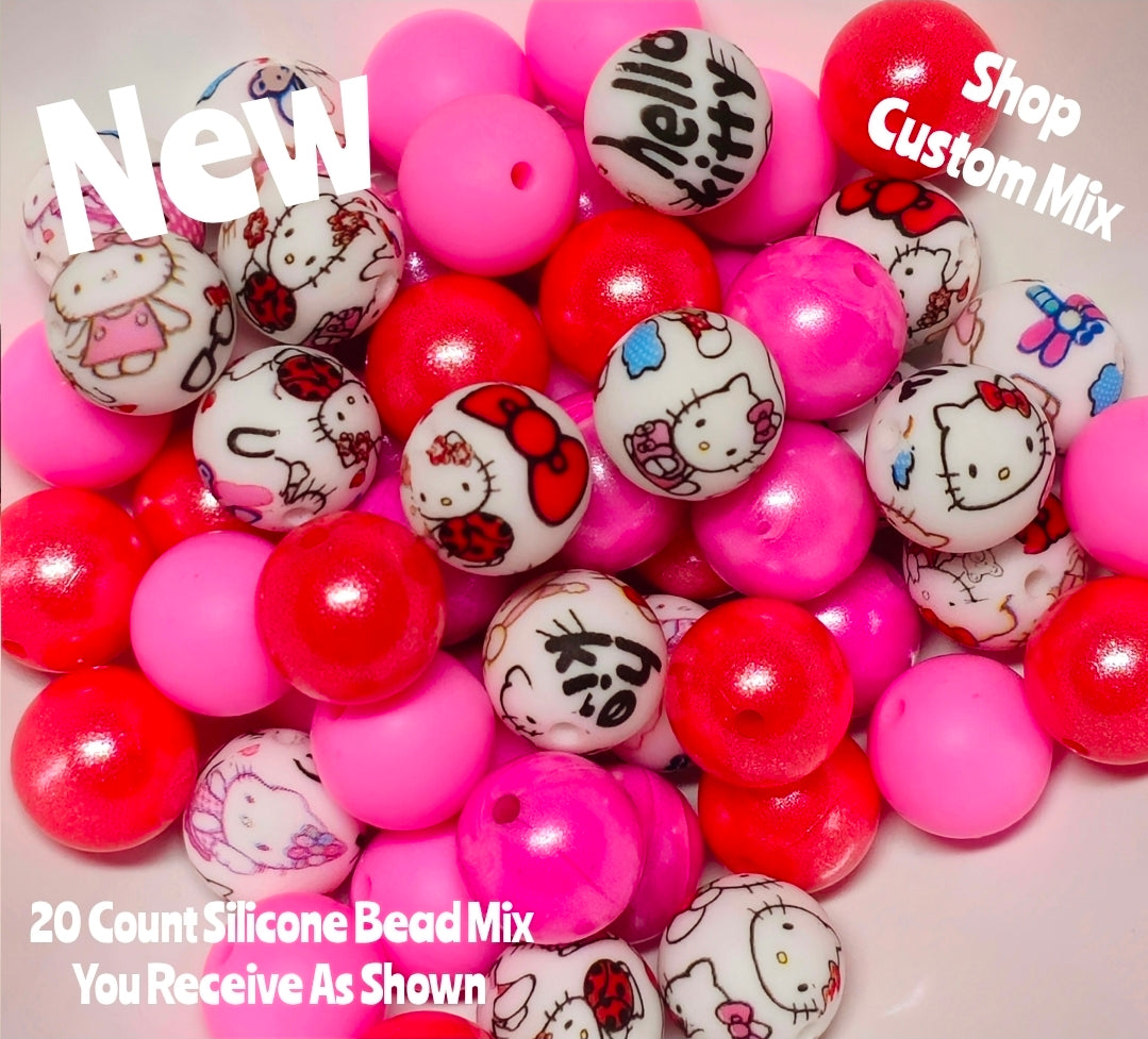 New 15mm Hello Kitty SILICONE Bead Mix 20 count. DIY Bead Craft Supplies