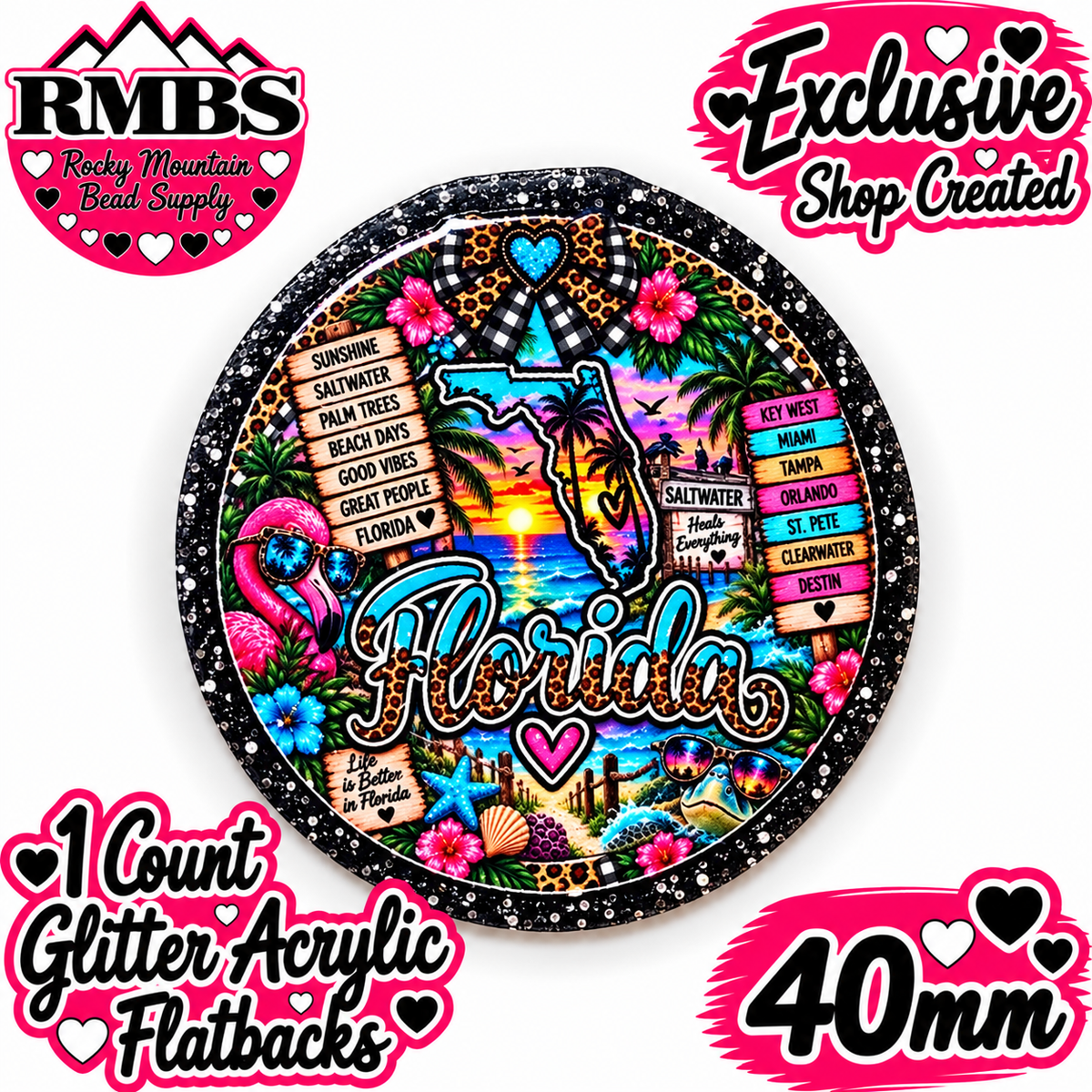 Exclusive 1 Count Custom Exclusive Glitter Acrylic Flatback 40mm STATE FLORIDA