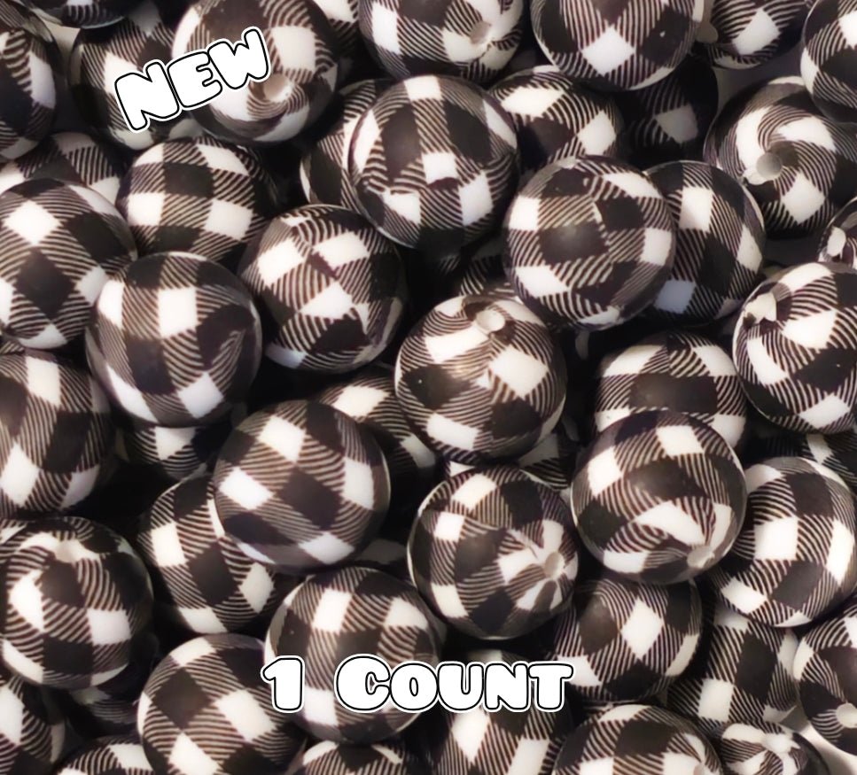 New 1 Count DIY Silicone Beads 15mm printed Black Plaid