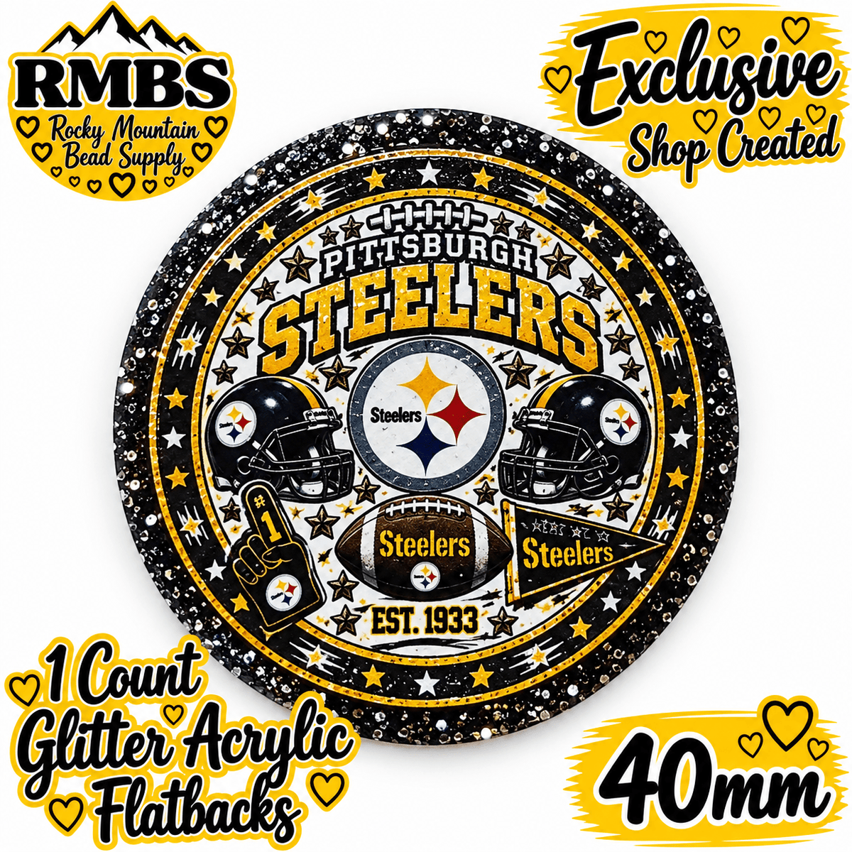 Exclusive 1 Count Custom Exclusive Glitter Acrylic Flatback 40mm STEELERS