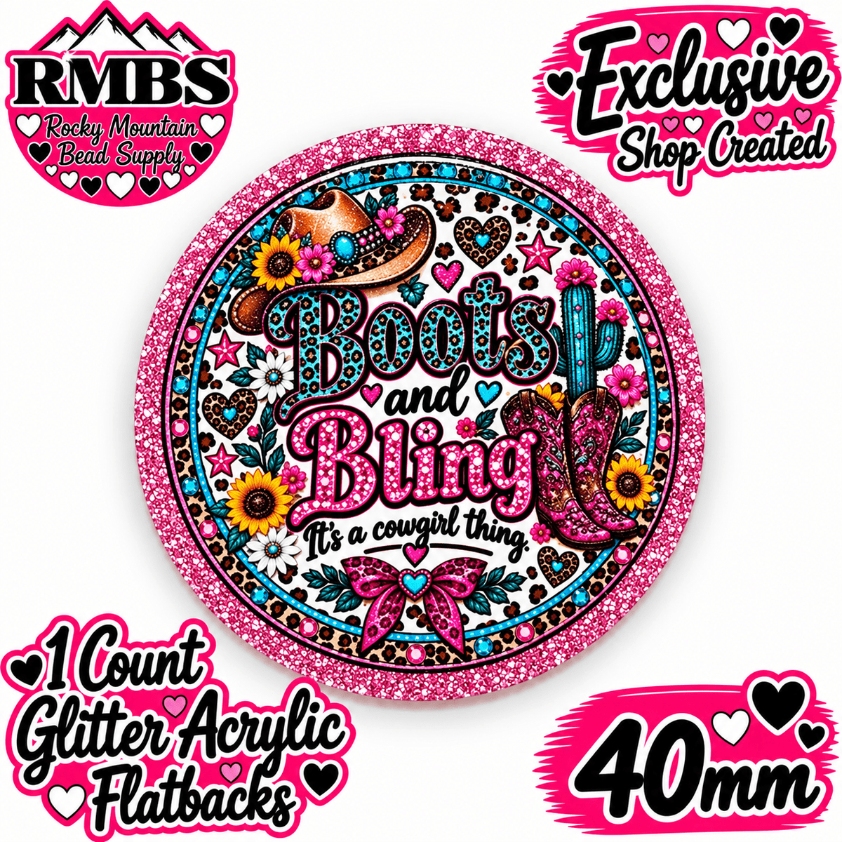 Exclusive 1 Count Custom Exclusive Glitter Acrylic Flatback 40mm BOOTS N BLING