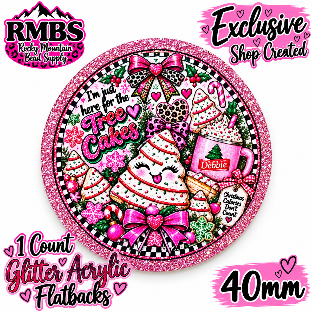 Exclusive 1 Count Custom Exclusive Glitter Acrylic Flatback 40mm TREE CAKES PINK