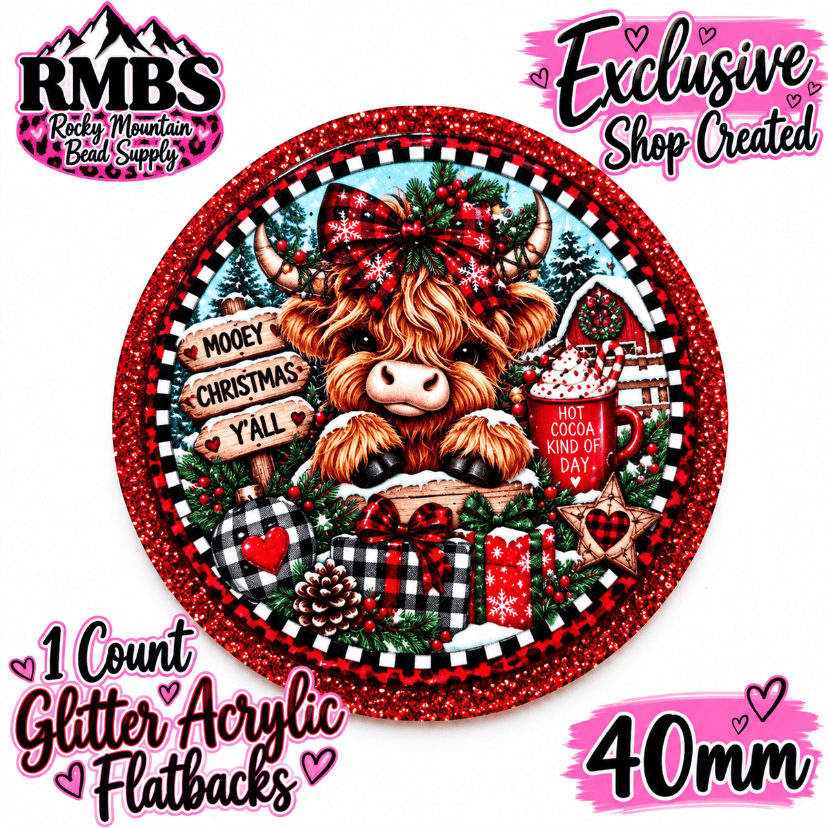 Exclusive 1 Count Custom Exclusive Glitter Acrylic Flatback 40mm MOOEY CHRISTMAS YALL