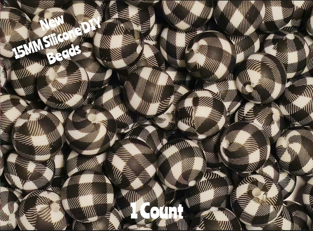 New 1 Count DIY Silicone Beads 15mm printed black white plaid beadable accessories