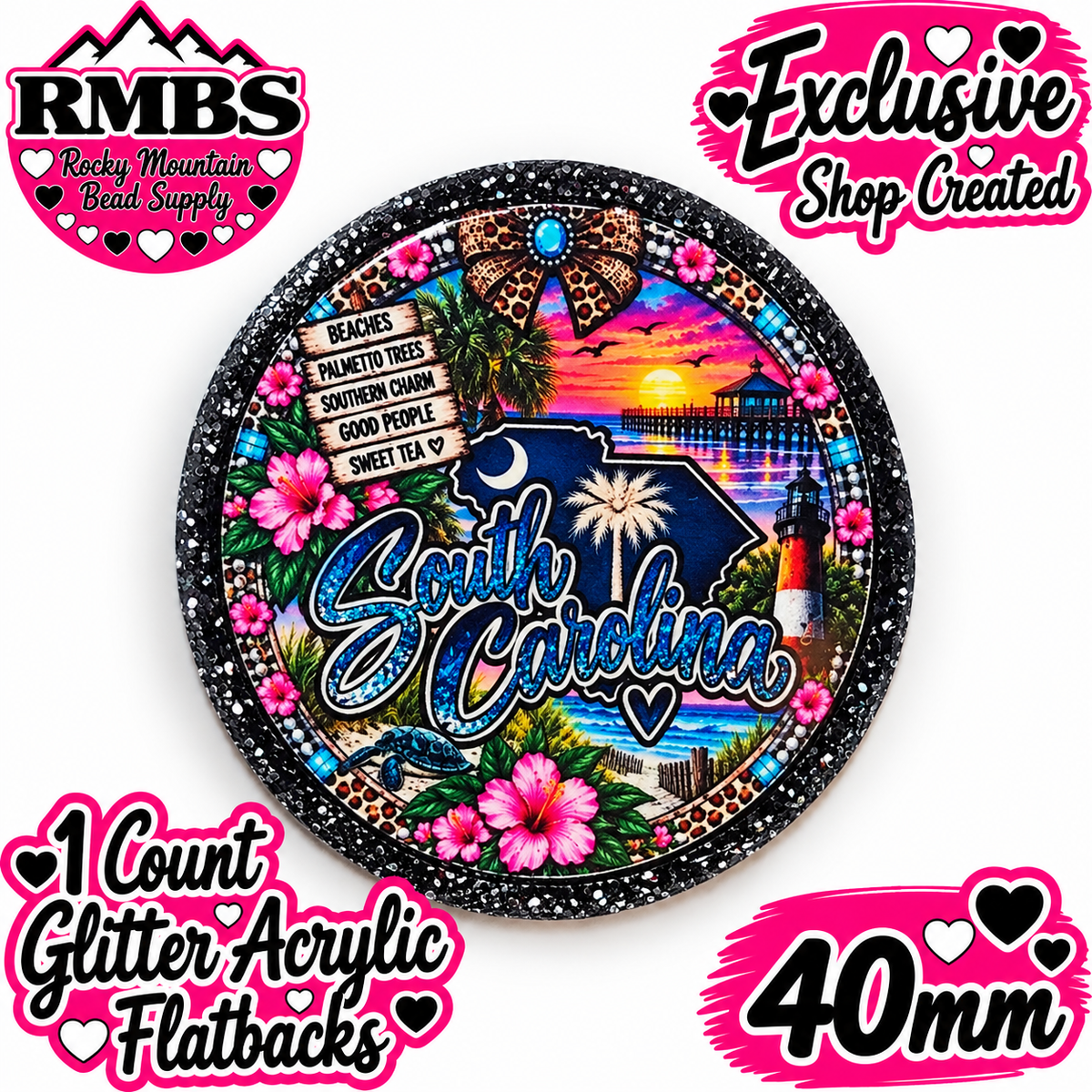 Exclusive 1 Count Custom Exclusive Glitter Acrylic Flatback 40mm STATE SOUTH CAROLINA