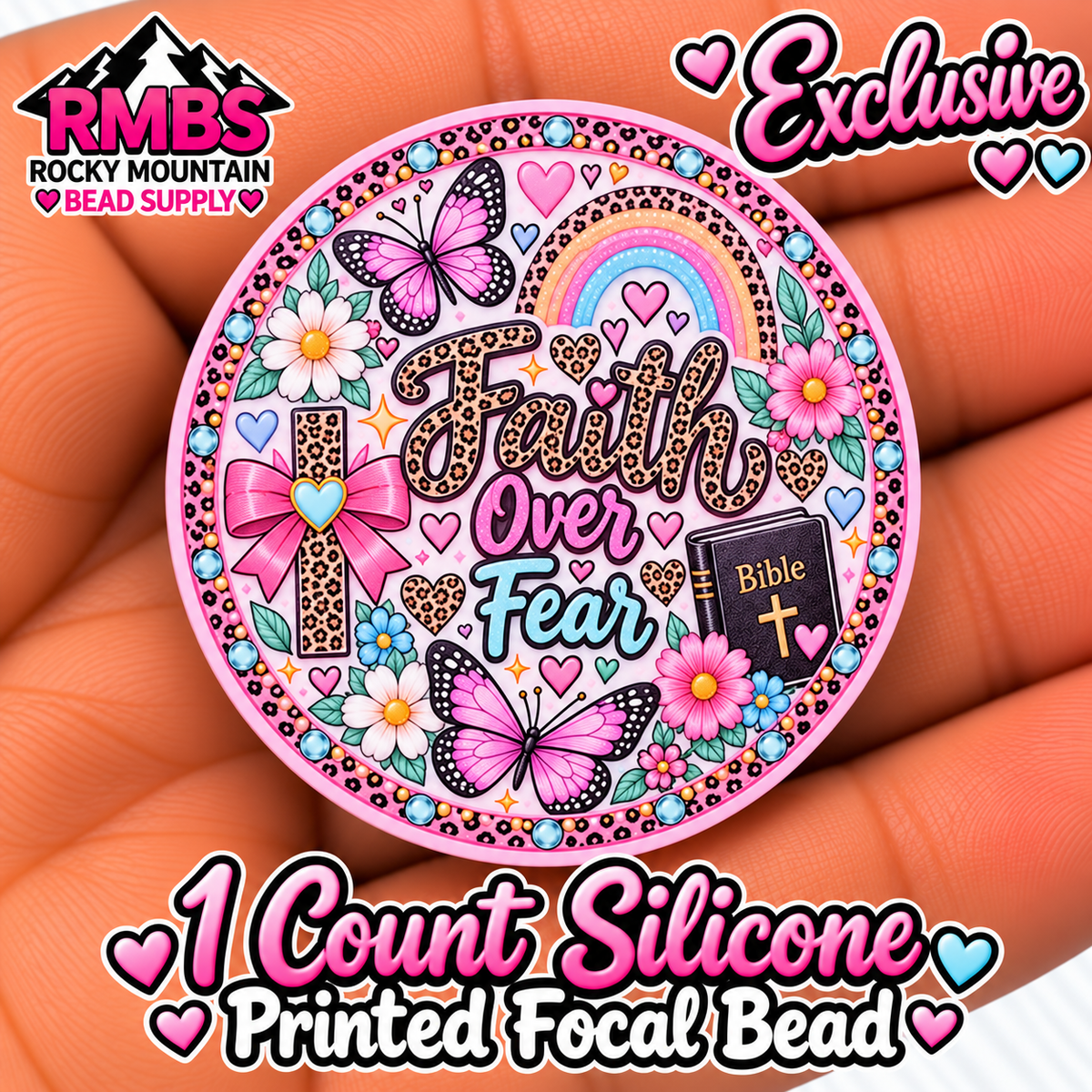 Exclusive 1 count PRINTED Silicone Focal Bead FAITH OVER FEAR