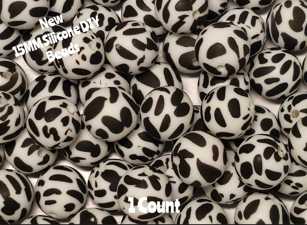 New 1 Count DIY Silicone Beads 15mm printed cow black white beadable accessories