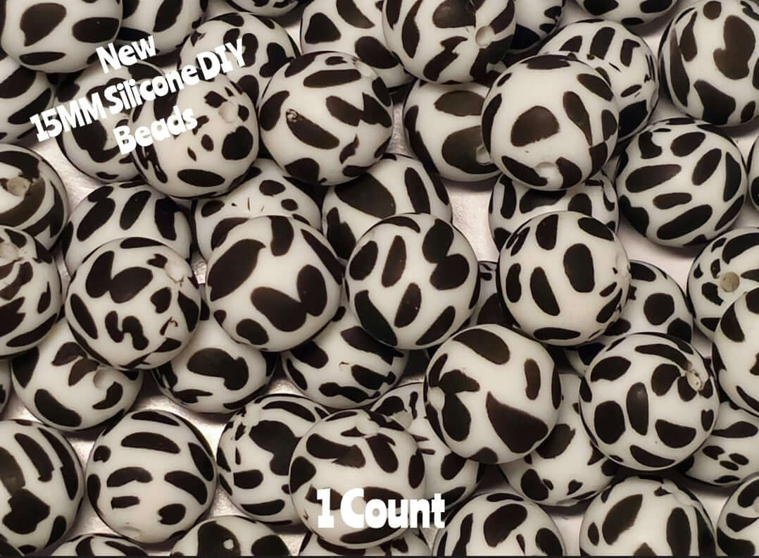 New 1 Count DIY Silicone Beads 15mm printed cow black white beadable accessories