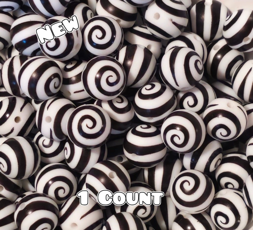 New 1 Count DIY Silicone Beads 15mm printed Black Swirl