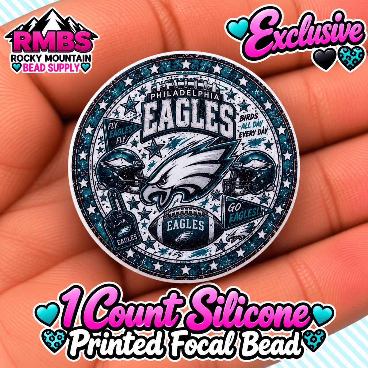 NEW Exclusive 1 count PRINTED Silicone Focal Bead FOOTBALL EAGLES